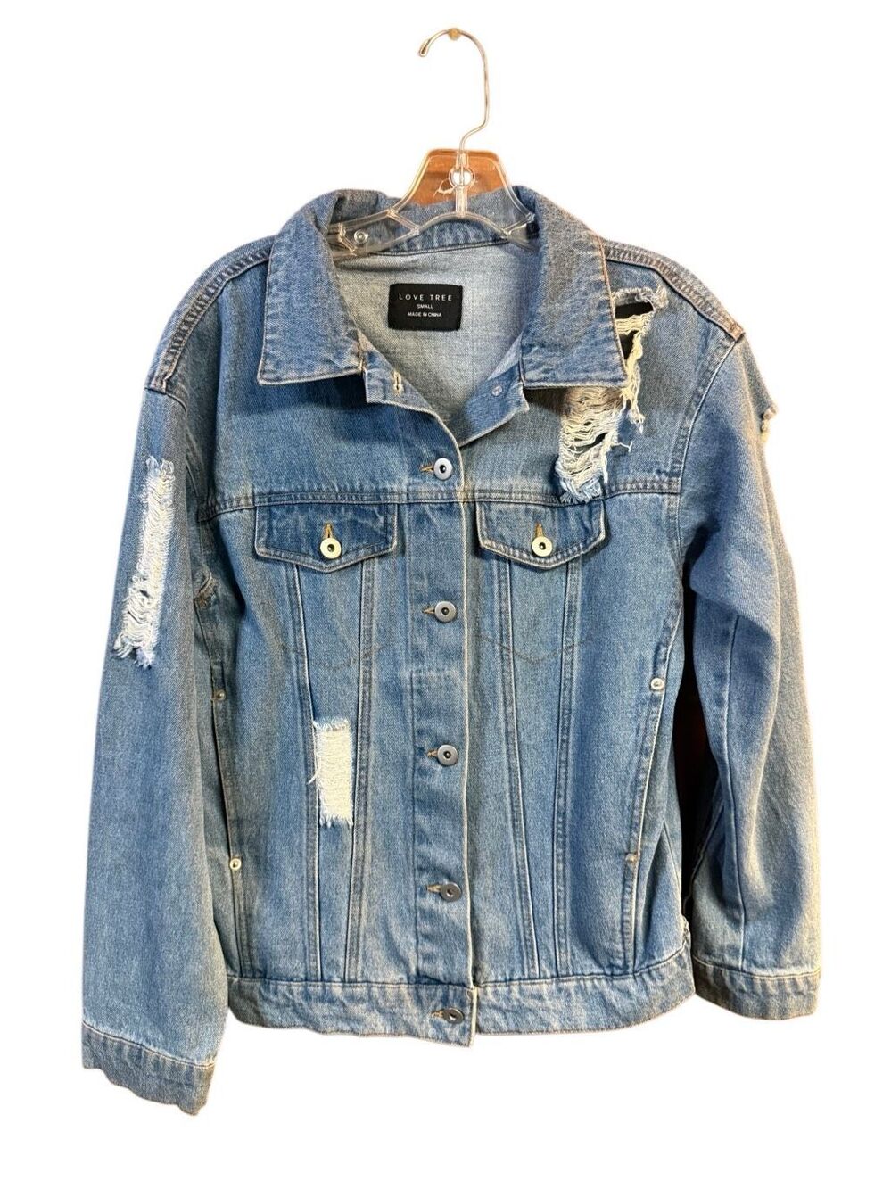 Love Tree Womans Distressed denim Over sized jacket Sz S NWOT 